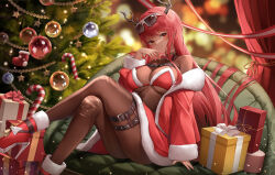 Rule 34 | 1girl, blush, box, breasts, brown pantyhose, christmas, christmas ornaments, christmas tree, cleavage, closed mouth, coat, commentary, crossed legs, english commentary, eyewear on head, gift, goddess of victory: nikke, hand up, high heels, highres, large breasts, long hair, looking at viewer, lunacle, off shoulder, pantyhose, red coat, red eyes, red footwear, red hair, red ribbon, ribbon, see-through, see-through cleavage, sitting, smile, thigh strap, torn clothes, torn pantyhose, underboob, volume (nikke)
