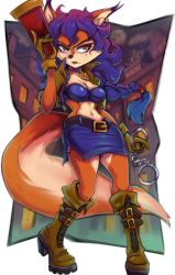 Rule 34 | 1girl, absurdres, animal ears, animal nose, bandeau, belt, blue choker, blue hair, blue skirt, body fur, boots, border, breasts, brown eyes, brown jacket, building, carmelita fox, choker, cleavage, closed mouth, collarbone, cropped jacket, cuffs, female focus, fox ears, fox girl, fox tail, full body, full moon, furry, furry female, gloves, gradient hair, green footwear, green gloves, gun, hand up, handcuffs, heel up, highres, holding, holding gun, holding handcuffs, holding weapon, jacket, knee boots, looking up, medium breasts, messy hair, midriff, miniskirt, mole, mole under eye, moon, multicolored hair, navel, night, open clothes, open jacket, orange fur, outdoors, outside border, pencil skirt, police, police uniform, policewoman, purple hair, red lips, side slit, skirt, sly cooper (series), solo, standing, star (symbol), stomach, tail, toasty scones, two-tone fur, two-tone hair, uniform, v-shaped eyebrows, weapon, white border, yellow fur, zipper, zipper pull tab