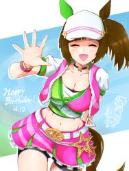 Rule 34 | 1girl, ^ ^, animal ears, arm behind back, belt, bike shorts, breasts, brown hair, choker, cleavage, closed eyes, crop top, cropped jacket, dated, facing viewer, furaibo, groin, hand up, happy birthday, highres, horse ears, horse girl, horse tail, ines fujin (umamusume), jacket, medium breasts, midriff, miniskirt, navel, open clothes, open jacket, open mouth, pink skirt, short hair, short sleeves, side ponytail, skirt, smile, solo, tail, umamusume, visor cap, waving, wristband