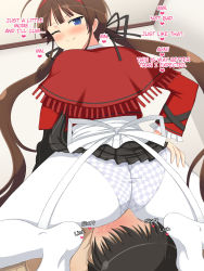 Rule 34 | 1boy, 1girl, ass, blush, brown hair, face in ass, femdom, hair ribbon, heterochromia, highres, looking back, one eye closed, pantyhose, ribbon, ryoubi (senran kagura), senran kagura, sitting, sitting on face, sitting on person, smile, thighs, twintails, white legwear, wide hips, wink, yaomai