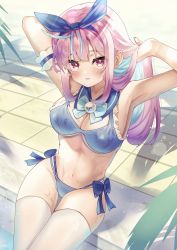 Rule 34 | 1girl, arms behind head, arms up, bikini, blue bikini, blue bow, blue bowtie, blue hair, blue hairband, blue sailor collar, blush, bow, bowtie, breasts, commentary, detached collar, frilled bikini, frills, hairband, highres, hololive, large breasts, leaf, looking at viewer, minato aqua, multicolored hair, navel, outdoors, parted lips, pink eyes, pink hair, sailor collar, shadow, side-tie bikini bottom, sitting, solo, stomach, streaked hair, summer, sunlight, swimsuit, thighhighs, virtual youtuber, wet, white thighhighs, yoshidadon