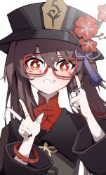 Rule 34 | 1girl, absurdres, bespectacled, black hat, black nails, bracelet, brown hair, chinese clothes, commentary, facial tattoo, flower, genshin impact, glasses, grin, hands up, hat, hat flower, heart, heart tattoo, high collar, highres, hu tao (genshin impact), jewelry, long hair, long sleeves, plum blossoms, porkpie hat, qixia, red-framed eyewear, ring, simple background, smile, solo, tattoo, twintails, upper body, white background