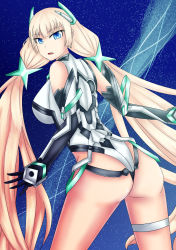 Rule 34 | 1girl, angela balzac, ass, bare shoulders, blonde hair, blue eyes, bodysuit, breasts, elbow gloves, from behind, gloves, headgear, highres, large breasts, leotard, long hair, looking at viewer, looking back, low twintails, open mouth, rakuen tsuihou, shiny skin, sideboob, silryantish, solo, thigh strap, thong, thong leotard, twintails, very long hair