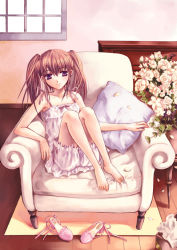 Rule 34 | 1girl, armchair, barefoot, bloomers, bouquet, brown hair, camisole, chair, couch, feet, feet on chair, flower, light smile, long hair, looking at viewer, macchatei koeda, original, petals, pillow, purple eyes, rose, rose petals, shoes, unworn shoes, sitting, sleeveless, solo, twintails, underwear, white bloomers, white flower, white rose
