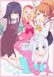 Rule 34 | 4girls, :o, ;d, all fours, apron, aqua eyes, ass, bad id, bad pixiv id, barefoot, black hair, blonde hair, blush, bow, bowtie, breasts, brown eyes, brown hair, butt crack, clenched hands, closed eyes, collarbone, commentary request, criss-cross halter, downblouse, dress, employee uniform, eromanga sensei, green shirt, hair bow, hairband, halterneck, hand on own chest, hand on own hip, highres, izumi sagiri, jinno megumi, looking at viewer, multiple girls, no bra, one eye closed, open mouth, pajamas, pink bow, pink dress, pink eyes, pleated skirt, pointy ears, ponytail, red bow, red hairband, school uniform, serafuku, shirt, short-sleeved sweater, short sleeves, silver hair, skirt, small breasts, smile, sweater, takasago tomoe, tanaka kii, translation request, uniform, v-shaped eyebrows, yamada elf, yellow bow, yellow neckwear