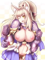 Rule 34 | 1girl, animal ears, armor, between breasts, blonde hair, breastless clothes, breasts, breasts out, cat ears, cat girl, crotchless skirt, female focus, functionally nude, looking at viewer, nipples, one eye closed, open mouth, revealing clothes, reverse bikini armor, reverse outfit, smile, solo, standing, taka (sanoujo358), wink