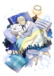 Rule 34 | 1boy, bad source, barefoot, black hair, blanket, bungou stray dogs, closed eyes, fingernails, grey hair, lamp, male focus, multicolored hair, nakajima atsushi (bungou stray dogs), official art, pajamas, parted lips, pillow, sleeping, star (symbol), streaked hair, stuffed animal, stuffed tiger, stuffed toy, transparent background