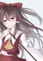 Rule 34 | 1girl, :/, ascot, bare shoulders, blurry, blush, bow, brown hair, depth of field, detached sleeves, flat chest, gohei, grey background, hair bow, hair tubes, hakurei reimu, hand on own chin, holding, holding stick, long hair, looking at viewer, midriff, midriff peek, navel, pahenyon, purple eyes, red skirt, red vest, simple background, skirt, solo, stick, touhou, upper body, very long hair, vest, yellow ascot