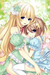 Rule 34 | 10s, 2girls, :d, ;d, bare shoulders, blanc (neptunia), blonde hair, blue eyes, breast pillow, breasts, choker, detached sleeves, dress, female focus, flower, frilled sleeves, frills, hair ornament, hand on another&#039;s head, height difference, long hair, looking at viewer, multiple girls, neck ribbon, neptune (series), official art, one eye closed, open mouth, ribbon, rose, short hair, smile, star (symbol), star hair ornament, thighhighs, tsunako, vert (neptunia), very long hair, white flower, white legwear, white rose, wink, yuri