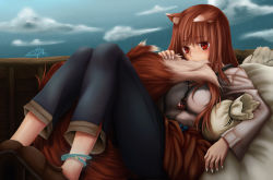 Rule 34 | 1girl, animal ears, biting own tail, breasts, brown hair, capri pants, cloud, highres, holo, long hair, lying, nail polish, pants, pouch, red eyes, seraziel, signature, sky, small breasts, solo, spice and wolf, star (sky), tail, tail in mouth, wagon, white nails, wolf ears, wolf girl, wolf tail