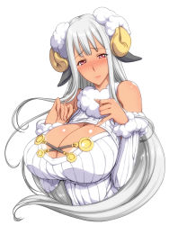 Rule 34 | 00s, 1920796, 1girl, animal ears, bare shoulders, blush, breasts, cleavage, detached sleeves, ebido, highres, horns, huge breasts, long hair, looking at viewer, meme attire, open-chest sweater, pink eyes, ribbed sweater, selvaria bles, senjou no valkyria (series), sheep ears, sheep girl, sheep horns, silver hair, sleeveless, sleeveless turtleneck, solo, sweater, tan, tanline, turtleneck