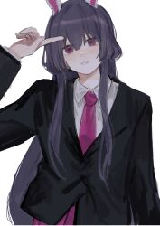 Rule 34 | 1girl, absurdres, animal ears, black jacket, blazer, blush, collared shirt, gotagotay, hair between eyes, hand up, highres, jacket, layered sleeves, long hair, long sleeves, looking at viewer, necktie, parted lips, pink eyes, pink necktie, pink skirt, pointing, pointing at self, purple hair, rabbit ears, rabbit girl, reisen udongein inaba, shirt, simple background, skirt, solo, touhou, upper body, very long hair, white background, white shirt