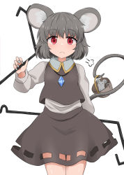 Rule 34 | 1girl, animal ears, basket, blouse, blue nails, chups, closed mouth, cowboy shot, dowsing rod, grey hair, grey skirt, grey vest, highres, jewelry, long sleeves, looking at viewer, mouse (animal), mouse ears, mouse girl, mouse tail, nail polish, nazrin, pendant, red eyes, shirt, simple background, skirt, standing, tail, touhou, vest, white background, white shirt
