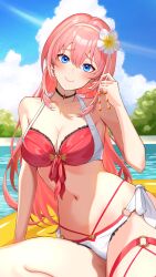 Rule 34 | 1girl, absurdres, bikini, black choker, blue eyes, breasts, choker, cleavage, collarbone, commentary request, flower, hair between eyes, hair flower, hair ornament, highres, hololive, large breasts, long hair, looking at viewer, navel, pink hair, pool, sable mint, smile, solo, stomach, swimsuit, takane lui, two-tone bikini, virtual youtuber, water