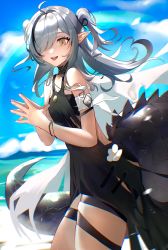 Rule 34 | 1girl, :d, absurdres, ahoge, arknights, black dress, black hair, blue sky, cloud, cowboy shot, crocodilian tail, day, dress, grey hair, hair over one eye, highres, large tail, long hair, looking at viewer, multicolored hair, official alternate costume, open mouth, sky, sleeveless, sleeveless dress, smile, solo, standing, streaked hair, tail, thigh strap, thighs, tomimi (arknights), two side up, ufoliving, yellow eyes