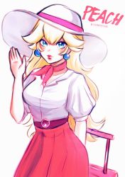 Rule 34 | 1girl, arm behind back, artist name, blonde hair, blue eyes, breasts, ch3wry, character name, choker, closed mouth, dress shirt, earrings, hand up, hashtag, hat, hat ribbon, highres, jewelry, lips, long hair, looking at viewer, luggage, mario (series), medium breasts, nintendo, open hand, pink neckwear, pink ribbon, princess peach, puffy short sleeves, puffy sleeves, red skirt, ribbon, rolling suitcase, shirt, short sleeves, simple background, skirt, solo, suitcase, sun hat, super mario odyssey, waving, white background, white hat, white shirt
