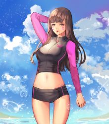 Rule 34 | 1girl, absurdres, arm at side, arm behind head, arm up, bad id, bad twitter id, bare legs, beach, belda34, black jacket, black shorts, blue sky, blunt bangs, brown eyes, brown hair, character name, cloud, cloudy sky, cowboy shot, cropped jacket, d.va (overwatch), day, eyelashes, facepaint, facial mark, fingernails, gluteal fold, groin, highres, jacket, legs apart, long hair, long sleeves, looking at viewer, midriff, navel, ocean, outdoors, overwatch, overwatch 1, parted lips, pink lips, short shorts, shorts, sky, smile, solo, sparkle, sportswear, standing, stomach, teeth, water, water drop, whisker markings, zipper