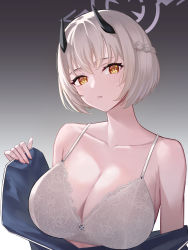Rule 34 | 1girl, absurdres, aoi riko, black horns, blue archive, bra, breasts, cleavage, collarbone, gradient background, grey hair, halo, highres, horns, lace, lace-trimmed bra, lace trim, large breasts, looking at viewer, open clothes, orange eyes, parted lips, sena (blue archive), short hair, simple background, solo, underwear, upper body, white bra