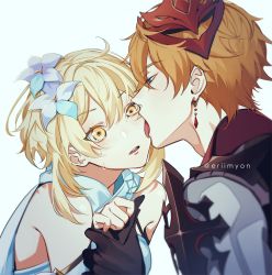 Rule 34 | 1boy, 1girl, bare shoulders, black gloves, blonde hair, blue eyes, blush, breasts, couple, crying, crying with eyes open, detached sleeves, dress, earrings, eriimyon, flower, genshin impact, gloves, grabbing, hair between eyes, hair flower, hair ornament, highres, holding hands, jewelry, licking, licking another&#039;s face, long hair, long sleeves, lumine (genshin impact), mask, mask on head, open mouth, orange hair, short hair, short hair with long locks, single earring, tartaglia (genshin impact), tears, tongue, white background, white dress, yellow eyes