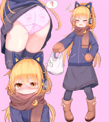 Rule 34 | 1girl, ?, animal ears, black thighhighs, blonde hair, blue jacket, boots, brown footwear, brown mittens, brown scarf, cat ears, crescent, crescent pin, earmuffs, full body, highres, jacket, kantai collection, logiclr, long hair, looking at viewer, mittens, multiple views, panties, paw print, pink background, pink panties, print panties, rubber boots, satsuki (kancolle), scarf, skirt caught on object, spoken question mark, thighhighs, underwear, upper body, winter clothes