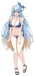 Rule 34 | 1girl, :d, absurdres, bare arms, bare legs, bare shoulders, bikini, blue bikini, blue eyes, blue hair, breasts, cleavage, collarbone, commission, full body, gradient hair, hair ribbon, hair rings, highres, large breasts, long hair, looking at viewer, multicolored hair, navel, open mouth, original, ribbon, side-tie bikini bottom, simple background, slippers, smile, solo, stomach, string bikini, swimsuit, thighs, tongtangtong, very long hair, wet, white background