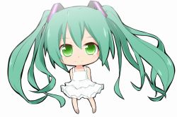 Rule 34 | 1girl, aqua hair, bare shoulders, chibi, dress, full body, green eyes, hatsune miku, light smile, long hair, long twintails, looking at viewer, naka (cheeseyeast), shoes, simple background, sleeveless, sleeveless dress, smile, solo, standing, sundress, twintails, very long hair, vocaloid, white background, white dress, white footwear