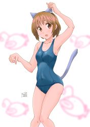 Rule 34 | 1girl, anglerfish, animal ears, arm up, artist name, blue one-piece swimsuit, blurry, breasts, brown eyes, brown hair, cat ears, cat tail, covered navel, emblem, fake animal ears, fake tail, fang, fish, girls und panzer, highres, looking at viewer, medium breasts, nishizumi miho, old school swimsuit, one-piece swimsuit, open mouth, paw pose, school swimsuit, school uniform, short hair, signature, smile, solo, standing, swimsuit, tail, tama nekonyan, white background
