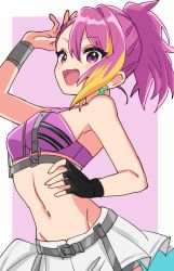 Rule 34 | 1girl, absurdres, asymmetrical bangs, black gloves, blonde hair, blush, breasts, crop top, fingerless gloves, gloves, groin, highres, idolmaster, idolmaster million live!, long hair, looking at viewer, maihama ayumu, multicolored hair, navel, pink background, pink hair, ponytail, simple background, single glove, single sidelock, skirt, small breasts, smile, solo, stomach, streaked hair, sukoyaka (100hituzi), two-tone background, white skirt