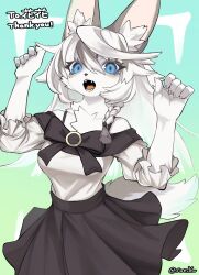 Rule 34 | 1girl, animal ear fluff, animal ears, animal nose, artist name, bare shoulders, black bow, black bowtie, black bra, black skirt, blue background, blue eyes, blush, body fur, bow, bowtie, bra, bra strap, braid, breasts, commission, commissioner name, cowboy shot, english text, fangs, female focus, fox ears, fox girl, fox tail, furry, furry female, gradient background, green background, grey fur, grey hair, hair between eyes, hair tie, hands up, highres, light blush, long hair, long sleeves, looking at viewer, medium breasts, multicolored hair, off-shoulder shirt, off shoulder, open mouth, original, shirt, shirt tucked in, sidelocks, signature, single braid, skeb commission, skirt, solo, standing, suesubro, swept bangs, tail, teeth, thank you, tongue, twitter username, two-tone background, two-tone fur, two-tone hair, underwear, white fur, white hair, white shirt