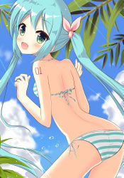 Rule 34 | 1girl, absurdres, aqua hair, ass, bikini, butt crack, cloud, day, from behind, green eyes, hatsune miku, highres, long hair, looking back, open mouth, sky, solo, striped bikini, striped clothes, swimsuit, twintails, very long hair, vocaloid, xiaosamiao