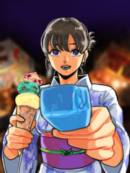 Rule 34 | 1girl, black hair, blurry, depth of field, feeding, festival, folded ponytail, food, foreshortening, giving, ice cream, ice cream cone, incoming food, japanese clothes, kimono, looking at viewer, okada (hoooojicha), open mouth, pointing, pointing at viewer, popsicle, pov, pov feeding, short hair, solo, yukata