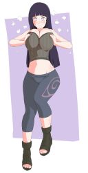 Rule 34 | 1girl, bare arms, bare shoulders, blunt bangs, blush, breasts, breasts squeezed together, caisamax, cleavage, closed mouth, fishnet top, fishnets, full body, highres, hyuuga hinata, large breasts, long hair, midriff, naruto, naruto (series), naruto shippuuden, navel, pants, purple background, purple hair, sleeveless, smile, solo, toeless legwear, two-tone background, white background, white eyes