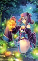 Rule 34 | 1girl, absurdres, artist request, ass, bare shoulders, blush, branch, breasts, bug, candle, crescent moon, dress, fire, firefly, frills, hair bun, hat, highres, holding, insect, koihime musou, lamp, lifted by self, light, lips, looking at viewer, looking back, monocle, moon, night, night sky, official art, outdoors, panties, parted lips, partially submerged, pink panties, ryomou, scan, shiny skin, single hair bun, sky, sleeves past wrists, small breasts, smile, solo, standing, star (sky), starry sky, thighs, tree, underwear, wading, water, water drop, wide sleeves