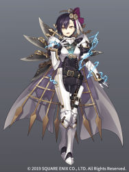 Rule 34 | 1girl, armor, belt, cape, clock, energy, full body, gears, gradient background, grey background, grimms notes, mecha paracelsus, official art, open mouth, purple hair, ribbon, sacanahen, short hair, smile, solo, yellow eyes