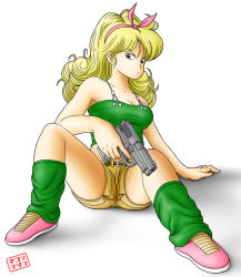 Rule 34 | 1girl, angry, arm support, bare shoulders, belt, belt buckle, blonde hair, blue eyes, breasts, buckle, cleavage, collarbone, dragon ball, eyebrows, eyelashes, female focus, full body, gradient background, green shirt, gun, hairband, handgun, holding, holding gun, holding weapon, kayoko (artist), long hair, looking at viewer, lunch (bad) (dragon ball), lunch (dragon ball), midriff, pink footwear, shirt, shoes, short shorts, shorts, simple background, sitting, sneakers, solo, spread legs, thighs, weapon, white background