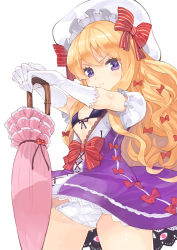 Rule 34 | 1girl, adapted costume, blonde hair, bow, bra, child, closed umbrella, clothes lift, dress, dress lift, female focus, flat chest, front-tie top, gap (touhou), gloves, hair bow, hat, long hair, open clothes, open dress, panties, parasol, purple eyes, shishigomi, solo, string panties, touhou, umbrella, underwear, white gloves, white panties, yakumo yukari, yakumo yukari (young), aged down