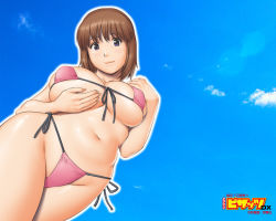 Rule 34 | 1girl, action pizazz, belly, bikini, blue background, breast lift, breasts, brown eyes, brown hair, day, from below, groin, large breasts, micro bikini, official art, official wallpaper, pink bikini, plump, saigado, short hair, sky, smile, swimsuit, underboob, wallpaper