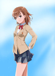 Rule 34 | 1girl, bad id, bad pixiv id, blazer, blue background, blue skirt, bow, bowtie, breasts, brown eyes, brown hair, closed mouth, collared shirt, dress shirt, flower, hair between eyes, hair flower, hair ornament, hand on own hip, highres, jacket, looking at viewer, medium hair, miniskirt, misaka mikoto, plaid, plaid skirt, pleated skirt, prime (cameron), red bow, red bowtie, school uniform, shirt, skirt, small breasts, smile, solo, standing, toaru kagaku no railgun, toaru majutsu no index, tokiwadai school uniform, white flower, white shirt, wing collar