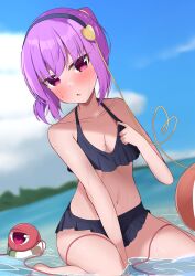 Rule 34 | 1girl, alternate costume, alternate hairstyle, bare arms, bare shoulders, barefoot, between legs, bikini, black bikini, blue sky, blurry, blurry background, blush, breasts, cleavage, collarbone, commentary request, day, eyes visible through hair, frilled bikini, frills, hair between eyes, hair ornament, halterneck, hand between legs, hand up, heart, heart hair ornament, heart of string, highres, kirisame oreo, knees out of frame, komeiji satori, looking at viewer, medium breasts, medium hair, mole, mole on breast, navel, ocean, open mouth, outdoors, pink eyes, pink hair, ponytail, sidelocks, sitting, sky, solo, straight hair, sweatdrop, swimsuit, thighs, third eye, touhou, tsurime, wariza, water, wet