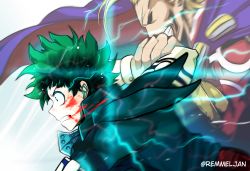 Rule 34 | 2boys, absurdres, all might, blonde hair, blood, blood on face, boku no hero academia, cape, clenched teeth, facing to the side, freckles, gradient hair, green eyes, green hair, green jacket, grin, hand on another&#039;s arm, highres, huge filesize, jacket, lightning, male focus, midoriya izuku, motion blur, multicolored hair, multiple boys, muscular, remumeru, short hair, simple background, smile, superhero costume, teeth, upper body