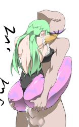 Rule 34 | 1boy, 1girl, ass, ass grab, bare shoulders, breasts, censored, clothed female nude male, clothed sex, cum, demon girl, from behind, green hair, hetero, highres, hug, large breasts, leg lock, leotard, long hair, morrigan aensland, nude, ohako, penis, sex, sideboob, simple background, solo focus, standing, testicles, vaginal, vampire (game), white background, wings