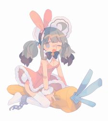Rule 34 | 1girl, ;d, ahoge, animal ears, ankle cuffs, bandaid, bandaid on arm, bandaid on face, bare arms, blunt bangs, breasts, carrot, daizu (melon-lemon), from side, grey background, highres, looking at viewer, low twintails, no shoes, one eye closed, open mouth, original, rabbit ears, simple background, sleeveless, small breasts, smile, solo, twintails