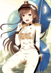 Rule 34 | 10s, 1girl, absurdres, breasts, brown eyes, brown hair, feathers, flag, hat, highres, idolmaster, idolmaster cinderella girls, idolmaster cinderella girls starlight stage, long hair, military, military hat, military uniform, mush (mushlicious), naval uniform, nitta minami, open mouth, seizon honnou valkyria, solo, torn clothes, uniform
