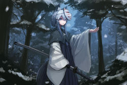 Rule 34 | 1girl, :o, animal ears, bee (deadflow), blue eyes, blue hair, forest, fox ears, fox mask, hair ornament, katana, long sleeves, mask, matching hair/eyes, nature, original, outdoors, outstretched arm, sheath, sheathed, short hair with long locks, sidelocks, snow, snowflake hair ornament, snowing, solo, sword, tail, weapon, wide sleeves