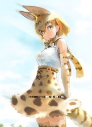 Rule 34 | 10s, 1girl, animal ears, blonde hair, bow, bowtie, chikuwa (tks), cloud, copyright name, cowboy shot, elbow gloves, from below, gloves, highres, kemono friends, looking at viewer, looking to the side, orange eyes, scarf, serval (kemono friends), skirt, sky, smile, solo, tail, thighhighs