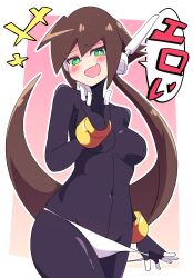 Rule 34 | +++, 1girl, absurdres, aile (mega man zx), black bodysuit, blush, bodysuit, breasts, brown hair, buzzlyears, fang, green eyes, highres, large breasts, long hair, looking at viewer, mega man (series), mega man zx, mega man zx advent, open mouth, panties, panty pull, skin fang, smile, smug, solo, speech bubble, translation request, underwear, white panties