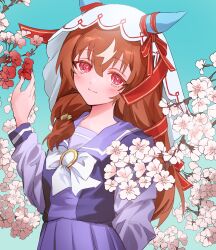 Rule 34 | 1girl, animal ears, blue background, breasts, brown hair, cherry blossoms, commentary request, flower, highres, horse ears, horse girl, moffumoto, portrait, red eyes, school uniform, simple background, small breasts, smile, solo, still in love (umamusume), tracen school uniform, umamusume, veil