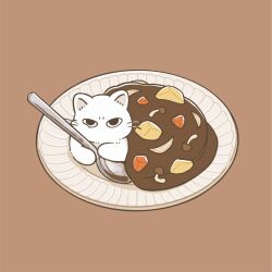 Rule 34 | animal, brown background, carrot, cat, commentary request, curry, flat color, food, food focus, highres, holding, holding spoon, iguana taisa, looking at viewer, no humans, on plate, original, plate, potato, simple background, spoon, white cat