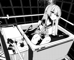 Rule 34 | 1-gou (111touban), 1girl, bathtub, breasts, commentary request, expressionless, fate (series), greyscale, long hair, monochrome, partially submerged, solo, tile wall, tiles, water