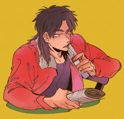 Rule 34 | 1boy, black eyes, black shirt, bomber jacket, brown hair, cigarette, cigarette pack, commentary request, expressionless, highres, holding, holding newspaper, inudori, itou kaiji, jacket, kaiji, long hair, male focus, medium bangs, newspaper, open clothes, open jacket, open mouth, parted bangs, reading, red jacket, rolled up newspaper, shirt, simple background, solo, teeth, upper teeth only, yellow background